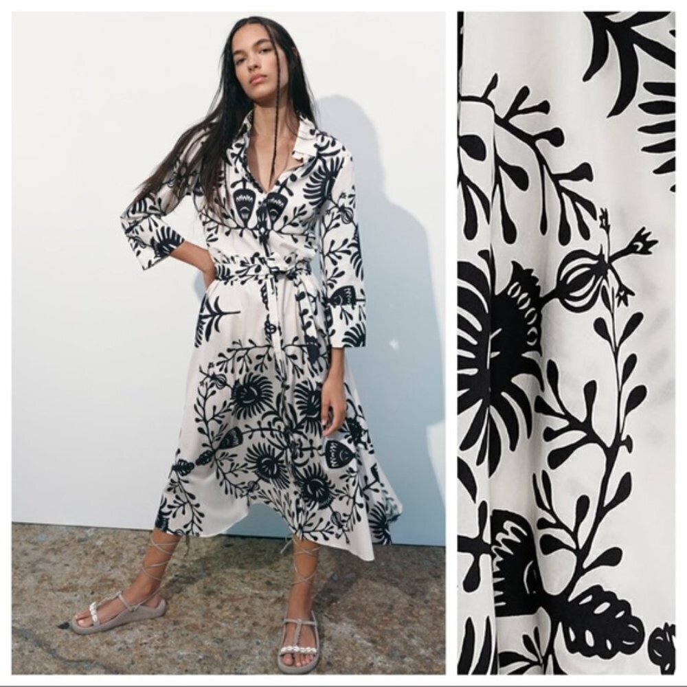 Zara l Printed  Poplin Midi Dress